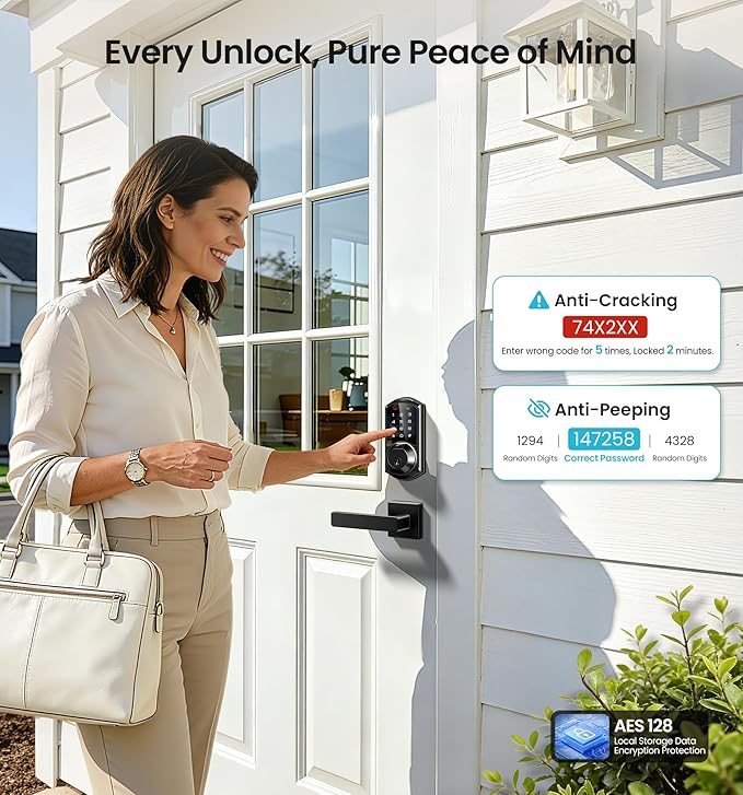 Veise VE07-L Fingerprint App Control Smart Locks with Heavy-Duty Zinc Alloy Handles, Keyless Entry for Front Door, Digital Electronic Touchscreen, Auto Lock, Waterproof, Easy Install, Matte Black