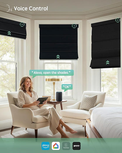 Yoolax Motorized Roman Shades with Remote, Smart Roman Shades for Indoor Windows, Blackout Automatic Blinds Work with Alexa, Google, Apple Homekit for Living Room Bedroom, Customized (Midnight Stripe)