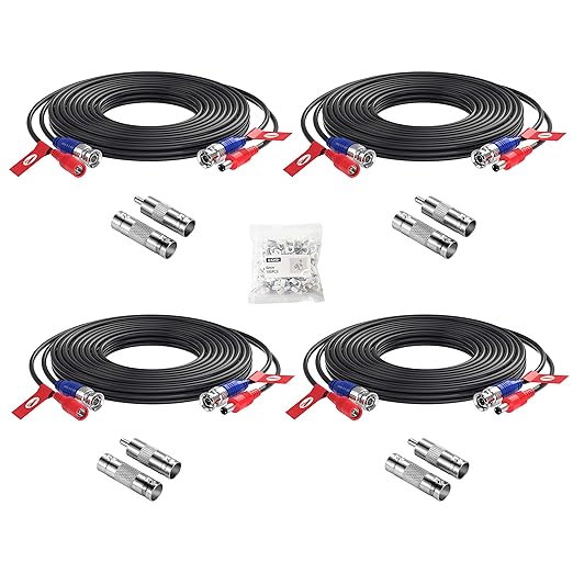ZOSI 4 Pack 16ft(5 Meters) All-in-One Video Power Cables,BNC Extension Surveillance Camera Cables for 4K 8MP 5MP 1080P CCTV Security DVR System,4 x BNC & RCA Connectors and 100pcs Cable Clips