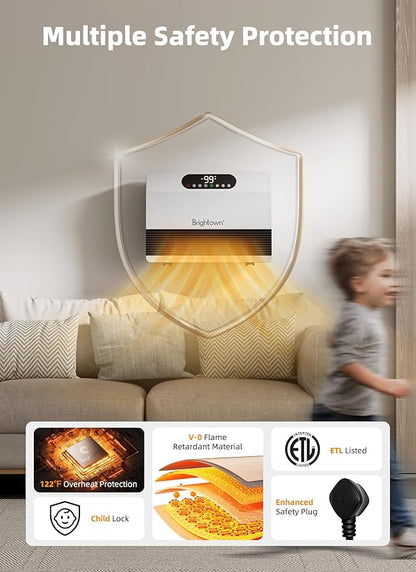 Brightown Wall Heater, Heater for Indoor Use 1500W, 5 Optional Modes, Adjustable Thermostat, Easy Mount Home Space Heater for Bedroom Bathroom with Remote Control, 12H Timer, Works with Alexa, White