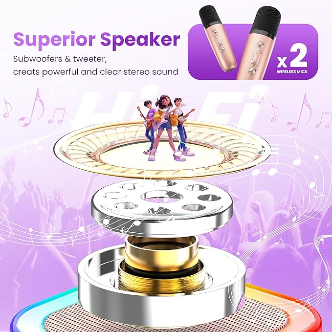 Mini Karaoke Machine for Kids Adults, 2026 TOP Birthday Gifts for Girls 3,4,5,6,7,8+Year Old Toddler Toys,Portable Bluetooth Speaker with 2 Wireless Karaoke Microphones Player Gifts(Rose Gold)
