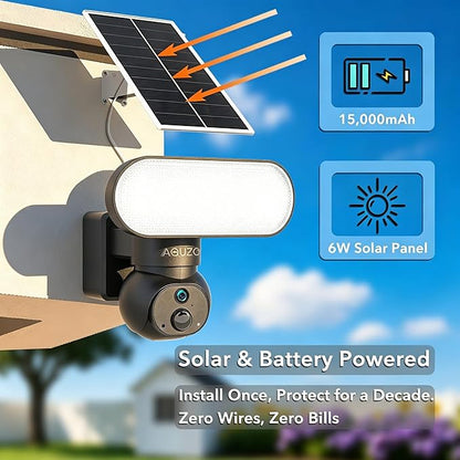 Floodlight Camera Solar Powered, 1500 Lumens Security Light, 2K Wireless Outdoor Cam with 360° PTZ, Human/Vehicle/Animal AI Detection, Color Night Vision, 64GB Local Storage, No Monthly Fee