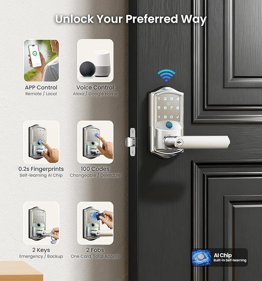 Veise VE029 WiFi Smart Lever Lock, Fingerprint Keyless Entry Door Lock with Handle, Built-in WiFi, Remote App Control, Electronic Digital Knob for Front Door and Bedroom, IP65 Waterproof, Satin Nickel