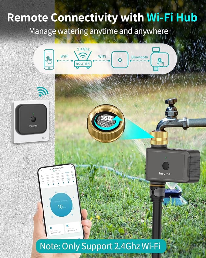 WiFi Hose Timer with Brass Inlet, Smart Water Timer 1 Zone, Sprinkler Timer w/WiFi hub for Remote Control via 2.4Ghz WiFi, Voice/App Controls with Alexa & Google Assistant, for Lawns Yards