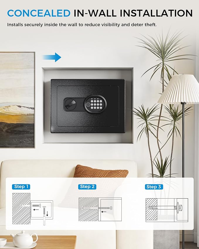GTPLAYER Safe Box 0.8 Cubic Feet for College Dorm Room with Electronic Keypad & Fingerprint, Shelf, Wall Mount Kit, Hidden Home Safe for Money, Jewelry & Documents