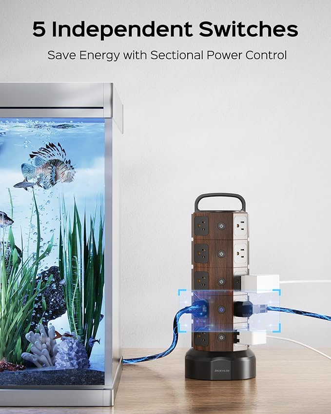 Power Strip Tower Surge Protector 1050J, 20 AC Outlets 6 USB Ports, 13A Desktop Electrical Charging Station, 6.5ft Heavy Duty Extension Cord, for Home, Office, Garage, Black Walnut