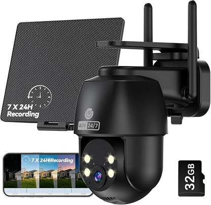 MUBVIEW 24/7 Continuous Recording Wireless Outdoor Security Camera, 2.4G WiFi, 2K Solar Powered, 360° PTZ, Auto Tracking, SD Included, Optional Cloud Storage, AI Detection, Night Vision(Black,1 Pack)
