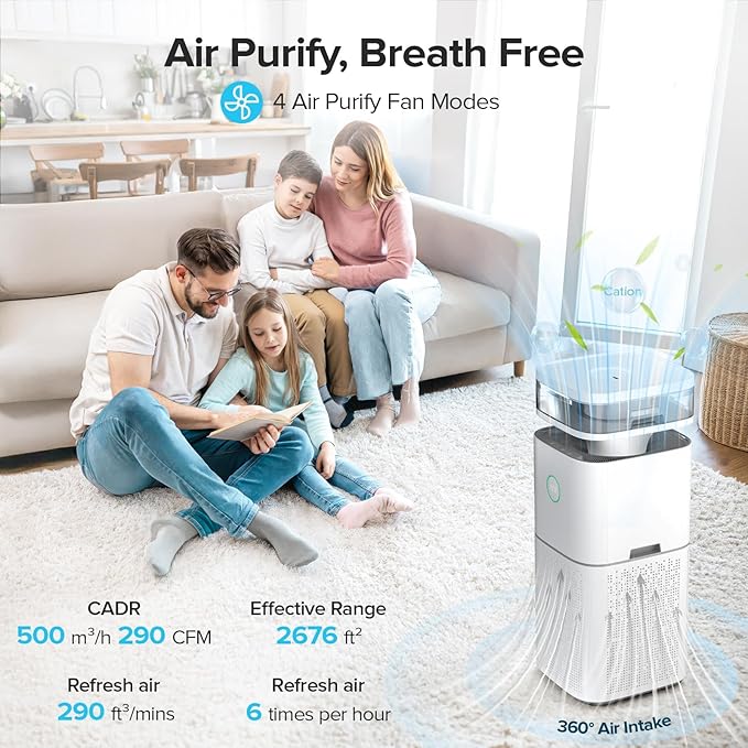 Air Purifier and Humidifier 2 in 1,H13 HEPA Filter,4-Level Humidification & Negative Ion Generator,Sleep Mode,Remove Dust Smoke Pollen Odor for Home Bedroom Office,Up to 2676 Ft²