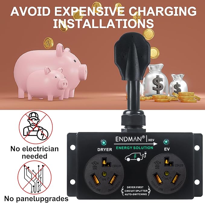 Automatic Power Switch for Dryer and EV (NEMA 10-30P Only) - 3-Prong Intelligent Splitter for Pre-1996 Homes - Share Old 240V Outlet - Compatible with Tesla & All EVs