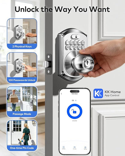 TEEHO TE018 Smart Door Knob with Keypad, App Control, Keyless Entry Digtal Door Lock with Handle, Remote Share One-Time Code, Auto Lock, Easy Installation for Front Door, Bedroom, Rental, Satin Nickel