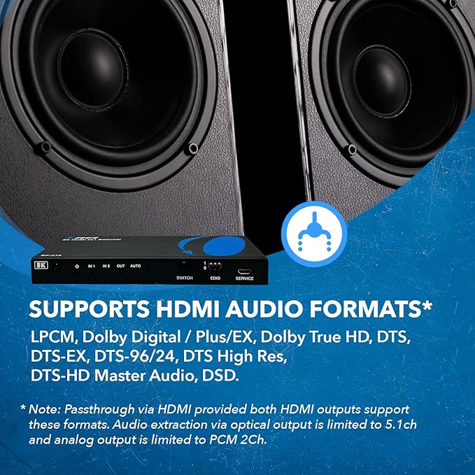 OREI 8K HDMI 2.1 Switch 4K@120hz Switcher 2 in 1 Out, with Audio Extraction 48Gbps Bandwidth, Ideal for Gaming and Streaming (BK-21A)