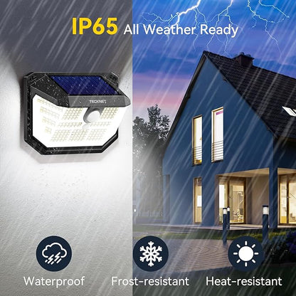 TECKNET 231 LED Solar Motion Lights Outdoor, 300° Angle & 3 Lighting Modes, PIR Motion Sensor & IP65 Security Solar Wall Lights for Fence Front Door Yard Deck Garden Garage(4 Pack)