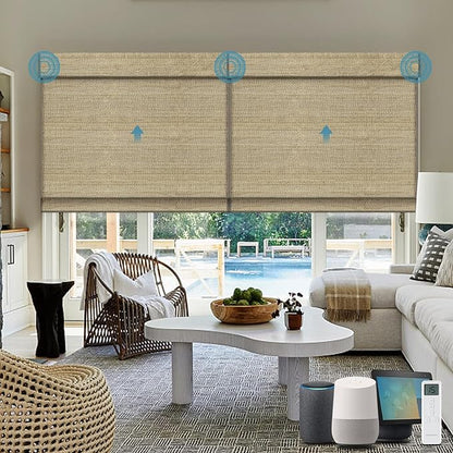 Motorized Roman Woven Woods Shades Work with HomeKit/Alexa/Google Home,Cordless Motorized Blinds,Custom Size,Crocheting Light Brown