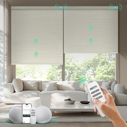 HeyBlinds Motorized Blinds with Remote, 100% Blackout Smart Blinds, Automatic Shades for Windows Compatible with Alexa Google and Homekit, Custom Size(Summer Haze-Cream BO)