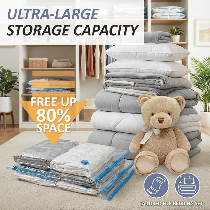 4 XXL Jumbo Vacuum Storage Bags for Bedding, Space Saver with Hand Pump | 47.2" x 35" Extra Large Vacuum Seal Bags for Bedding, Comforters, Blankets & Pillows; 80% Space-Saving Storage for Home