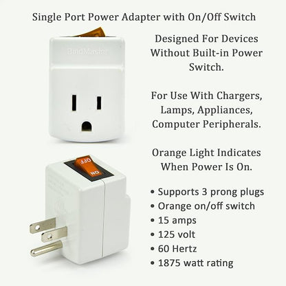 New! 3 Prong Grounded Single Port Power Adapter for Outlet with Orange Indicator On/Off Switch to be Energy Saving (1 Pack)
