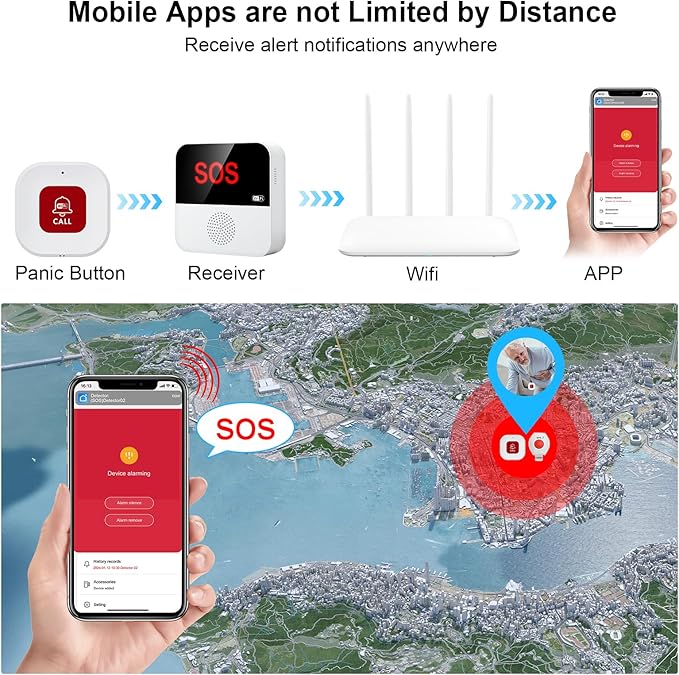 WiFi Pager, Caregiver Pagers Life Alert Systems for Seniors no Monthly Fee, 1 Receiver and 1 SOS Panic Button & 1 Watch Pager, Compatible with Tuya Smart/Smart Life APP