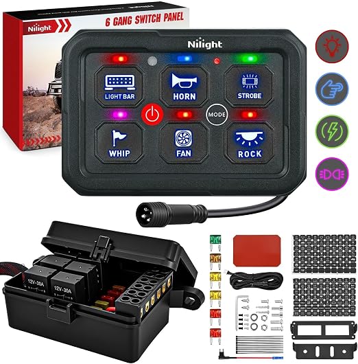 Nilight 6 Gang Switch Panel Green 12V 60A Circuit Control System 4-Mode | Fuse Wiring Harness Automatic Dimmable LED Pod Toggle/Momentary/Strobe/Flash Modes for Car Pickup Truck Camper SUV