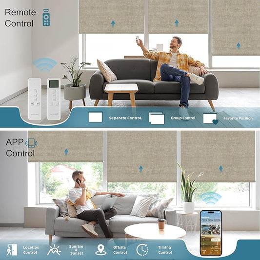 Motorized Alexa Controlled 100% Blackout Shades for Windows,Electric Smart Blinds Work with Homekit,Alexa,Google Home,Remote,Automatic Blinds with Solar Pannel Charging,Texture Biscuit
