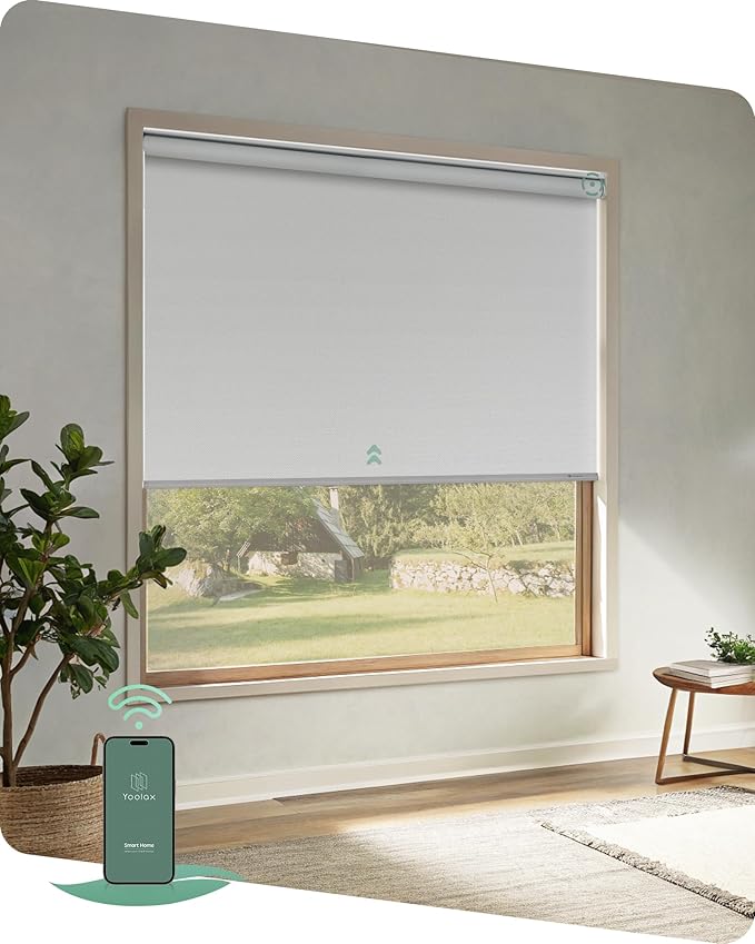 Yoolax Motorized Shades App Control, Blackout Automatic Blinds for Indoor Windows, Electric Roller Shades for Bedroom Living Room Office (Blackout Alpine White, 29" W x 75" H)