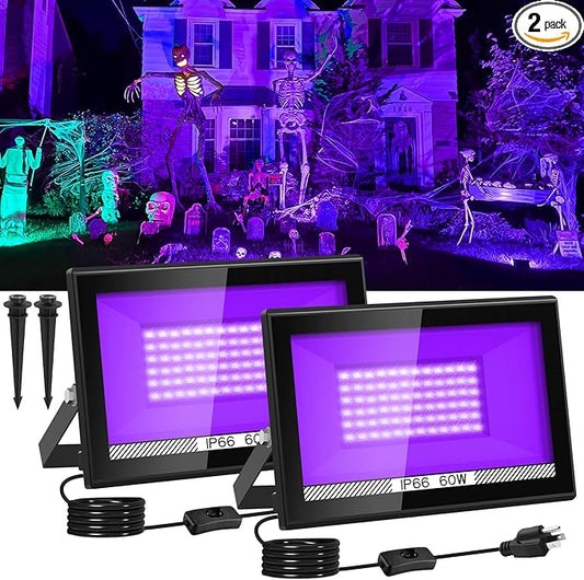 T-SUN 2 Pack 60W Black Lights Outdoor, Blacklight Flood Light with US Plug and Switch, IP66 Waterproof Black Lights for Glow Party, Glow in The Dark, Body Paint Fluorescent Poster Halloween