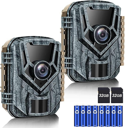 Punvoe Trail Camera 2 Pack 36 MP 2.7K Game Camera 32GB Memory Card 4 Batteries Time 2.0" LCD Screen, Trail Cameras with 120°Wide Night Vision IP66 Waterproof for Monitoring Wildlife Trail Cam