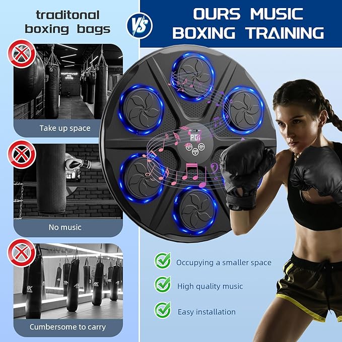 Music Boxing Machine for Adults, Wall Target Punching Workout with Boxing Gloves, Bluetooth Smart Boxing Training Machine Suitable for Home,Office,Gym, 12 Modes & 12 Speeds
