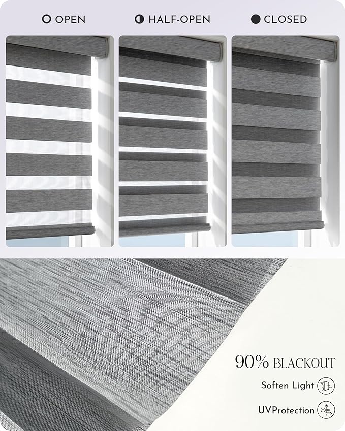 Graywind Motorized Zebra Blinds for Windows, Blackout Hardwired Smart Blinds with Remote Control, Dual Layer Custom Zebra Shades Work with Alexa, Google Home, Apple Homekit, Bay Fog