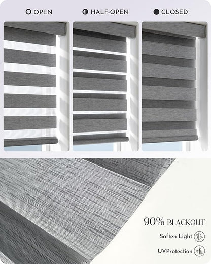 Graywind Motorized Zebra Blinds for Windows, 100% Blackout Smart Blinds with Remote Control, Dual Layer Custom Zebra Shades Work with Alexa, Google Home, Apple Homekit (Bay Fog)