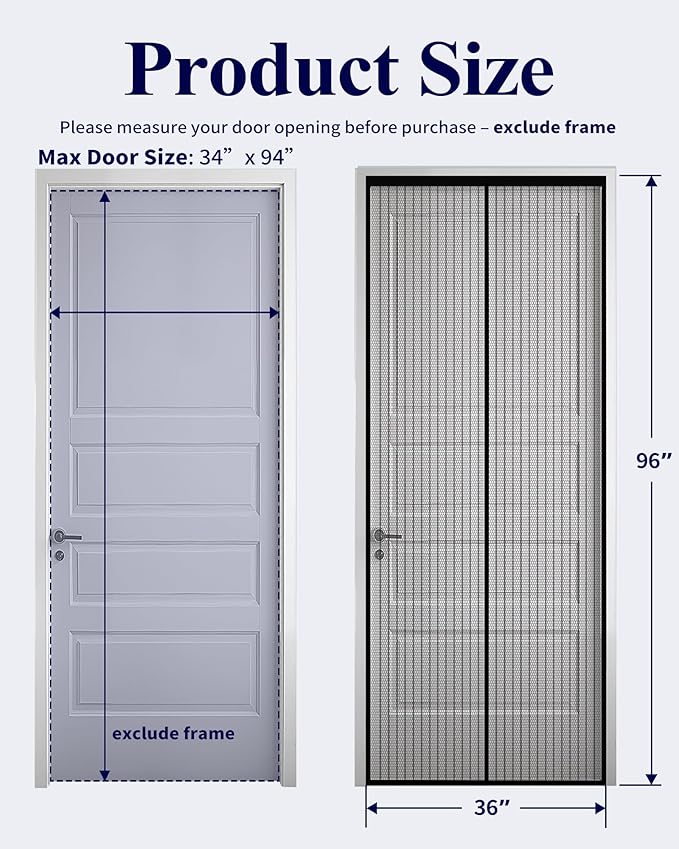 Kitsure Magnetic Screen Door - 36.0 x 96.0 in Retractable Screen Door Mesh for Front Door or Sliding Door, Pet & Kid Friendly, Hands-Free Closure Keeps Bugs Out & Lets Breeze in, Stripe Black