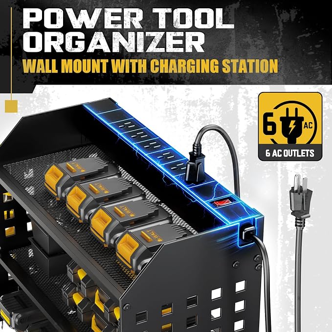 SPACECARE Power Tool Organizer with Charging Station 6 Outlets, 3-Layer Heavy Duty Wall Mount Drill Storage Rack, Cordless Tool with Utility Shelf, Garage Organization and Storage for Workshop- Black