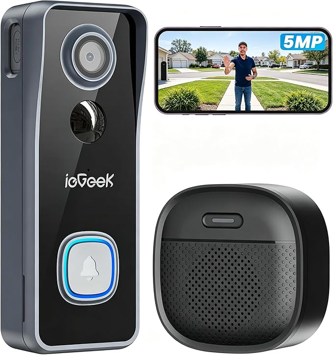 ieGeek Wireless Doorbell Camera No Subscription - 5MP Ultra Clear Motion Detection Alert Video Doorbell, Cloud/Local Storage, Battery Power Easy Connect & Install, Work with Alexa, Only 2.4Ghz WiFi
