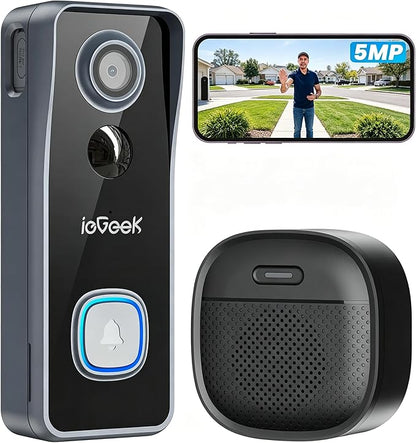 ieGeek Wireless Doorbell Camera No Subscription - 5MP Ultra Clear Motion Detection Alert Video Doorbell, Cloud/Local Storage, Battery Power Easy Connect & Install, Work with Alexa, Only 2.4Ghz WiFi