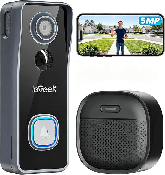 ieGeek Wireless Doorbell Camera No Subscription - 5MP Ultra Clear Motion Detection Alert Video Doorbell, Cloud/Local Storage, Battery Power Easy Connect & Install, Work with Alexa, Only 2.4Ghz WiFi