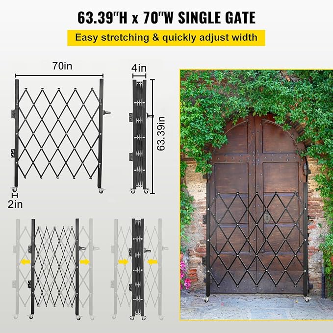 VEVOR Single Folding Security Gate, 61" H x 71" W Folding Door Gate, Steel Accordion Security Gate, Flexible Expanding Security Gate, 360° Rolling Barricade Gate, Scissor Gate/Door with Padlock