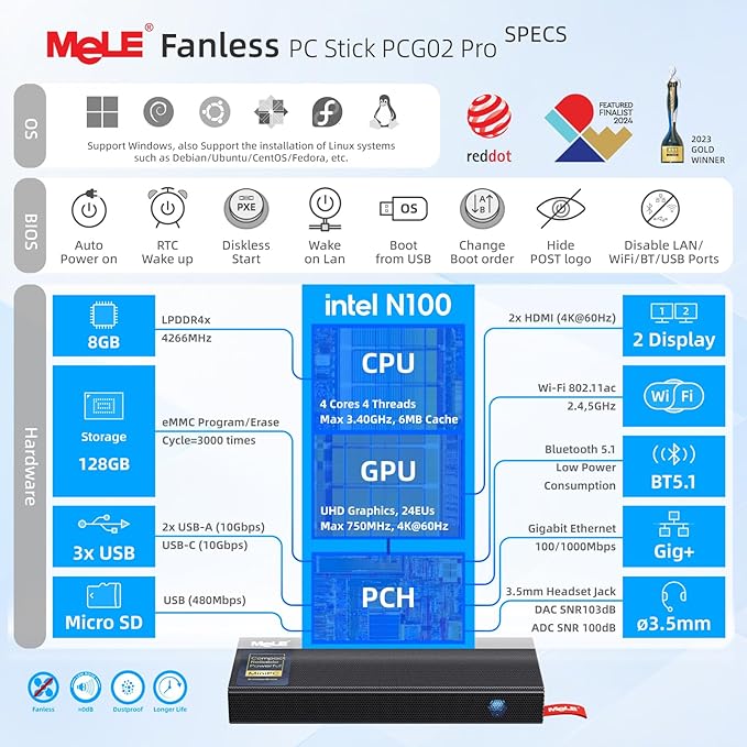 MeLE PCG02 Pro Fanless N100 Mini PC Stick 8GB LPDDR4x 128GB eMMC Win11pro Slim Micro Computer Stick Dual HDMI 4K Display WiFi 5 BT5.1 GbE, Support PD3.0 Protocol, on IoT, Digital Signage, MES, WMS