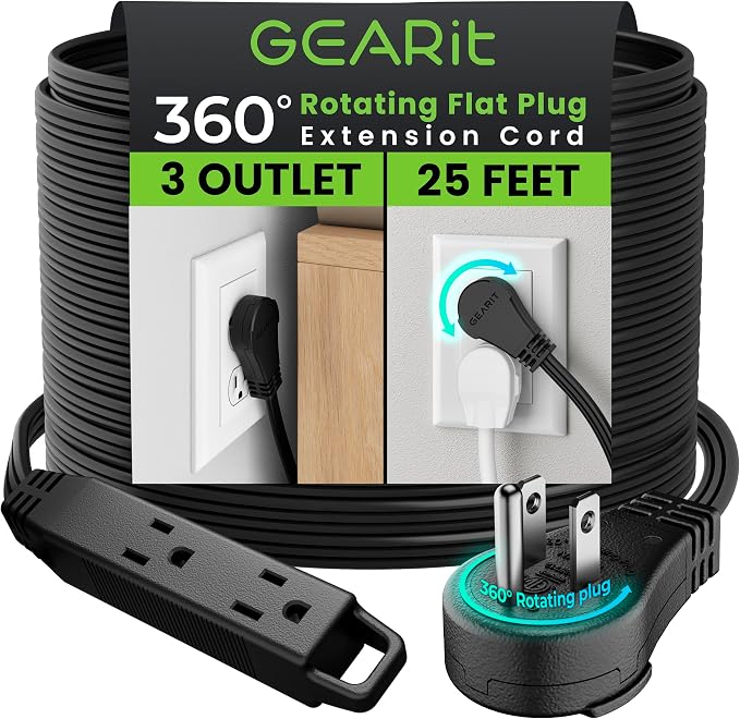 GEARit 25 ft 360° Rotating Flat Plug Extension Cord, 3 Outlet Low Profile Power Cord, 16 AWG 13A 3 Prong Grounded Indoor Cord, ETL Listed, Space-Saving for Furniture, Black