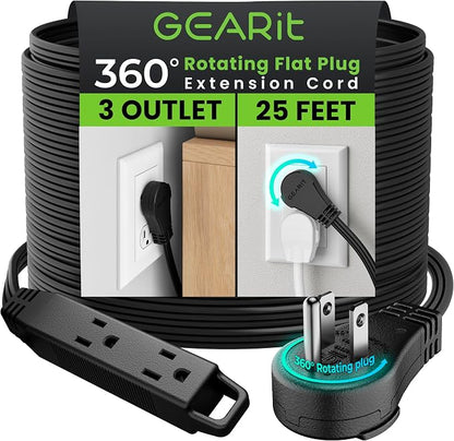 GEARit 25 ft 360° Rotating Flat Plug Extension Cord, 3 Outlet Low Profile Power Cord, 16 AWG 13A 3 Prong Grounded Indoor Cord, ETL Listed, Space-Saving for Furniture, Black