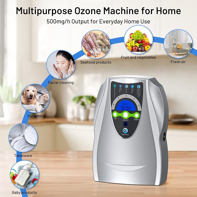Ozone Machine Generator, Multifunctional with Timer, 500mg/h Portable Ozone Machine for Home, Kitchen, Office, Cleaning Water, Fruits and Vegetables