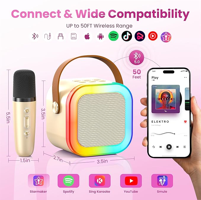 Mini Karaoke Machine for Kids Adults, 2026 TOP Birthday Gifts for Girls Boys 3,4,5,6,7,8+Year Old Toddler Toys, Portable Bluetooth Speaker with 2 Wireless Karaoke Microphones Player (Gold)