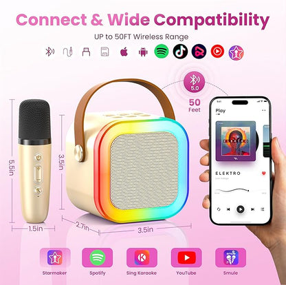 Mini Karaoke Machine for Kids Adults, 2026 TOP Birthday Gifts for Girls Boys 3,4,5,6,7,8+Year Old Toddler Toys, Portable Bluetooth Speaker with 2 Wireless Karaoke Microphones Player (Gold)