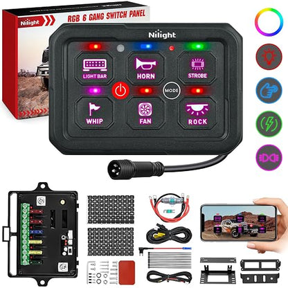 Nilight 6 Gang Switch Panel APP RGB 12V 24V Circuit Control System 4-Mode | w/Power Source Switch APP Control Automatic Dimmable Toggle/Momentary/Strobe/Flash for Car Pickup Truck Camper SUV