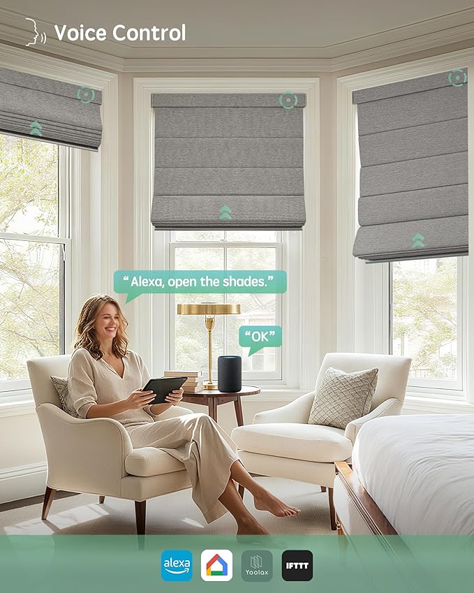 Yoolax Motorized Roman Shades with Remote, Smart Roman Shades for Indoor Windows, Blackout Automatic Blinds Work with Alexa, Google, Apple Homekit for Living Room Bedroom, Customized (Wood Stripe)