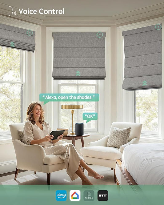 Yoolax Motorized Roman Shades with Remote, Smart Roman Shades for Indoor Windows, Blackout Automatic Blinds Work with Alexa, Google, Apple Homekit for Living Room Bedroom, Customized (Wood Stripe)