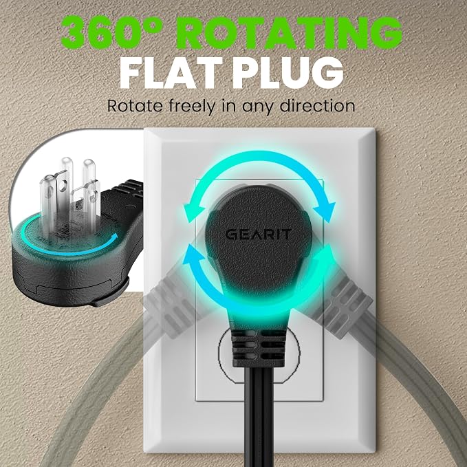 GEARit 20 ft 360° Rotating Flat Plug Extension Cord, 3 Outlet Low Profile Power Cord, 16 AWG 13A 3 Prong Grounded Indoor Cord, ETL Listed, Space-Saving for Furniture, Black