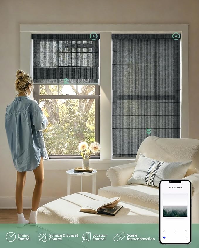 Yoolax Motorized Roman Shades with Remote, Smart Roman Shades for Indoor Windows, Light Filtering Automatic Blinds Work with Alexa, Google, Apple Homekit for Living Room, Customized (Strip Dark Grey)
