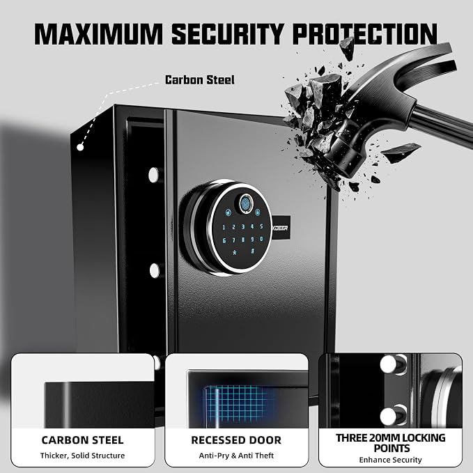 XDeer Biometric Safe with Fireproof Bag, 1.69 CuFt Home Safe with APP | Fingerprint/APP/Backlit Keypad/Keys, LED Light, Adjustable Shelf & Gun Frame, Smart Money Safe for Cash/Jewelry/Document