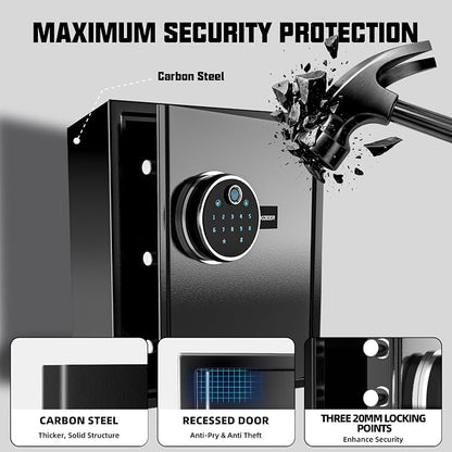XDeer Biometric Safe with Fireproof Bag, 1.69 CuFt Home Safe with APP | Fingerprint/APP/Backlit Keypad/Keys, LED Light, Adjustable Shelf & Gun Frame, Smart Money Safe for Cash/Jewelry/Document