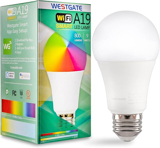 Westgate TC-A19-9W-RGBW-WIFI E26 LED Bulb, Smart Light Bulb, Color Changing Light, A19 Shape, Dimmable - Smart App Compatible, Compatible with Alexa, Works with Google