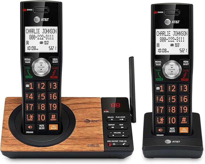 AT&T CL82267 DECT 6.0 2-Handset Cordless Phone for Home with Answering Machine, Call Blocking, Caller ID Announcer, Intercom and Long Range, Black & Wood Grain Finish
